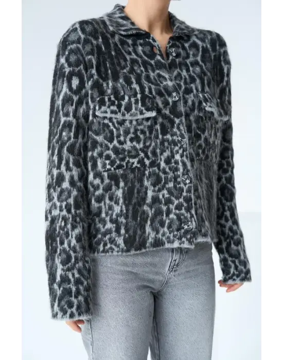 Omarı Leopar Desenli Jakarlı Hırka - Siyah Gri