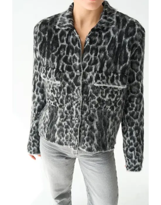 Omarı Leopar Desenli Jakarlı Hırka - Siyah Gri