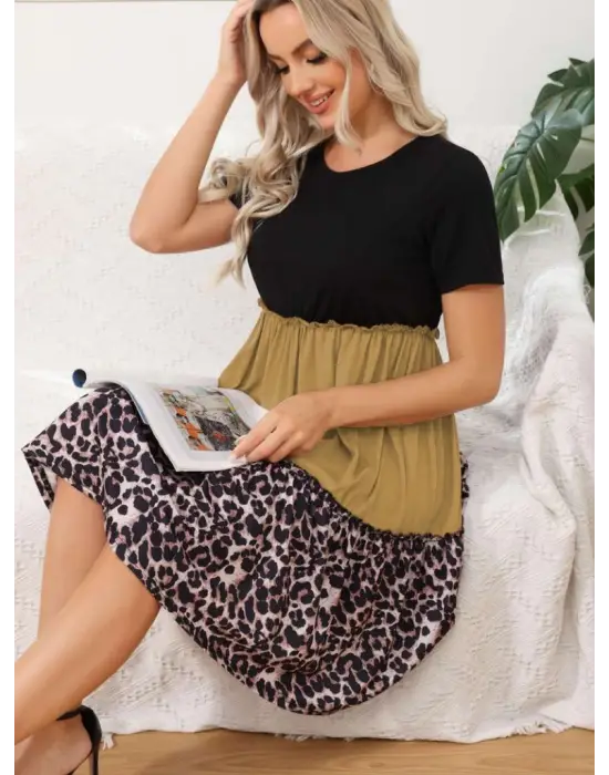 Omarı Leopar Desenli Viskon Elbise Seti