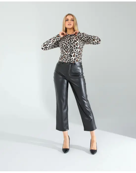 Omarı Etkileyici Leopar Desenli Kapşonlu Hırka