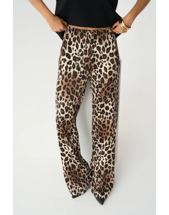Omarı Yüksek Bel Leopar Desenli Lastikli Pantolon