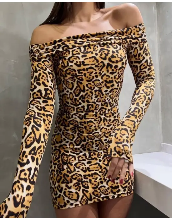 Omarı Leopar Desenli Mini Elbise Kadın İçin Özel