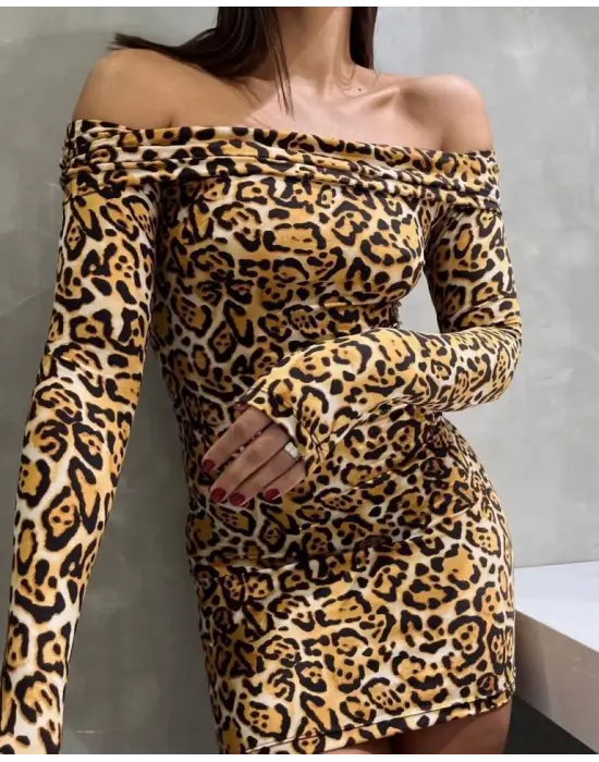 Omarı Leopar Desenli Mini Elbise Kadın İçin Özel