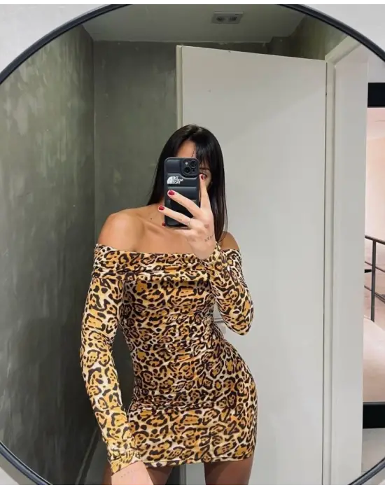 Omarı Leopar Desenli Mini Elbise Kadın İçin Özel