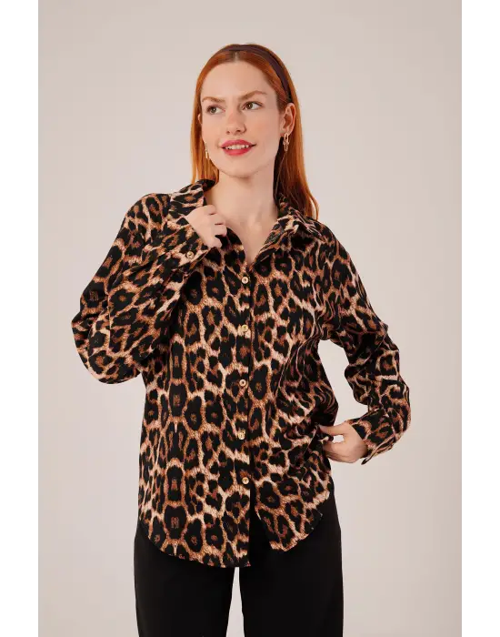 Omarı Rahat Kalıp Leopar Desen Gömlek