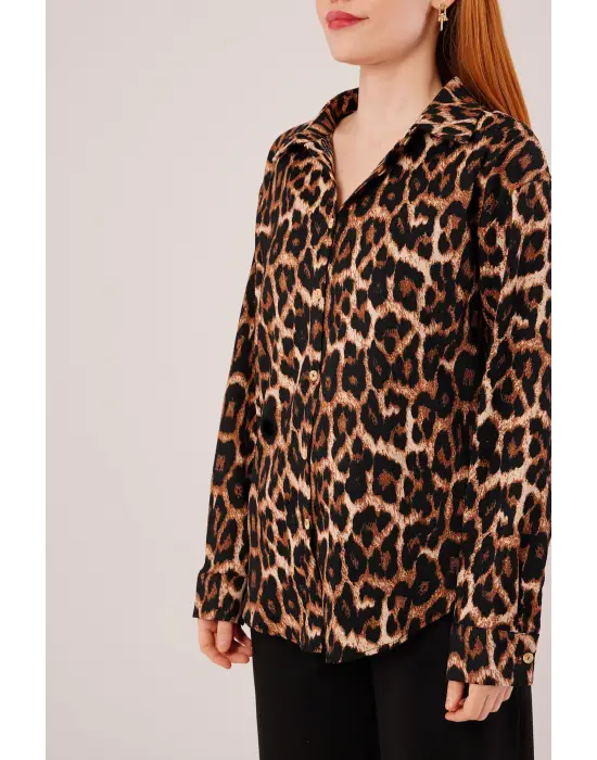 Omarı Rahat Kalıp Leopar Desen Gömlek