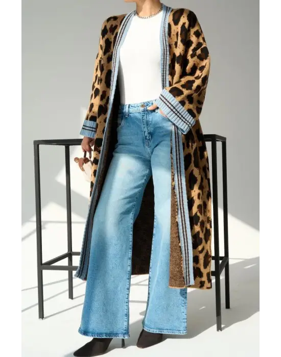 Omarı Uzun Leopar Desenli İki Renkli Hırka
