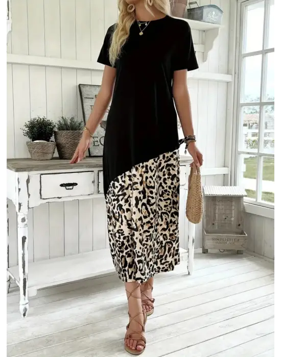 Omarı Leopar Desenli Kadın Midi Elbise
