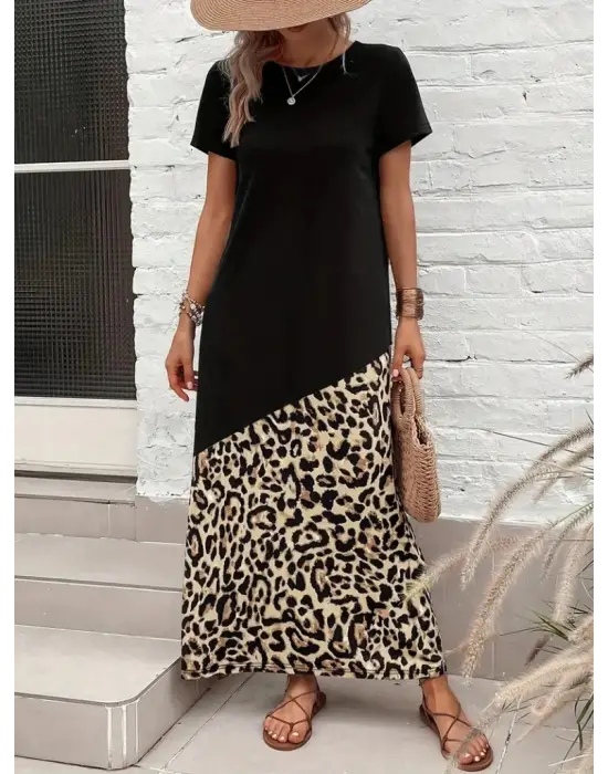 Omarı Leopar Desenli Kadın Midi Elbise