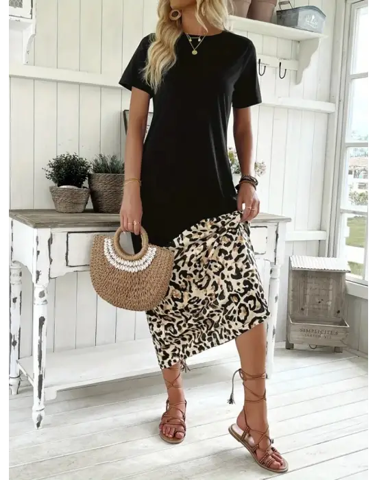 Omarı Leopar Desenli Kadın Midi Elbise