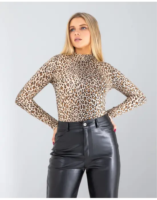 Omarı Leopar Desenli Şık Uzun Kollu Body