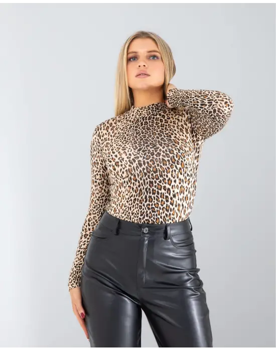 Omarı Leopar Desenli Şık Uzun Kollu Body