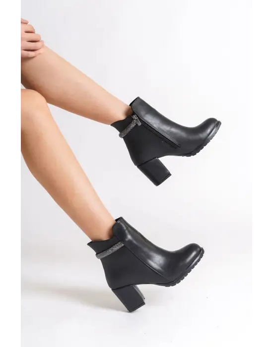 LIA Fermuarlı Rahat tabanlı ayakkabı Tabaan Taşlı Topuklu Bayan Bot  CGünlük Şık - Siyah