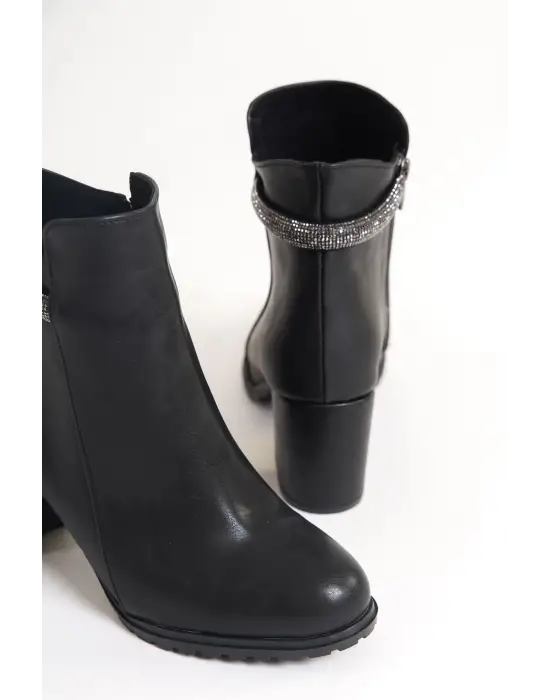 LIA Fermuarlı Rahat tabanlı ayakkabı Tabaan Taşlı Topuklu Bayan Bot  CGünlük Şık - Siyah