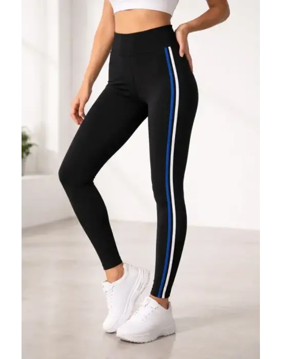 Likralı Yan Beyaz Mavi Şeritli Detaylı Tayt - Siyah