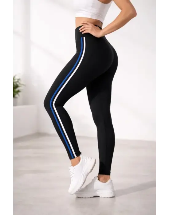 Şık Beyaz Mavi Şeritli Detaylı Tayt.