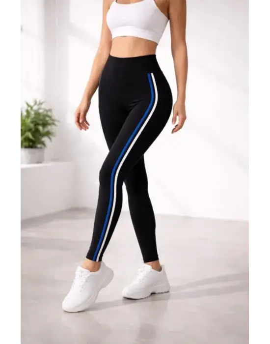 Şık Beyaz Mavi Şeritli Detaylı Tayt.