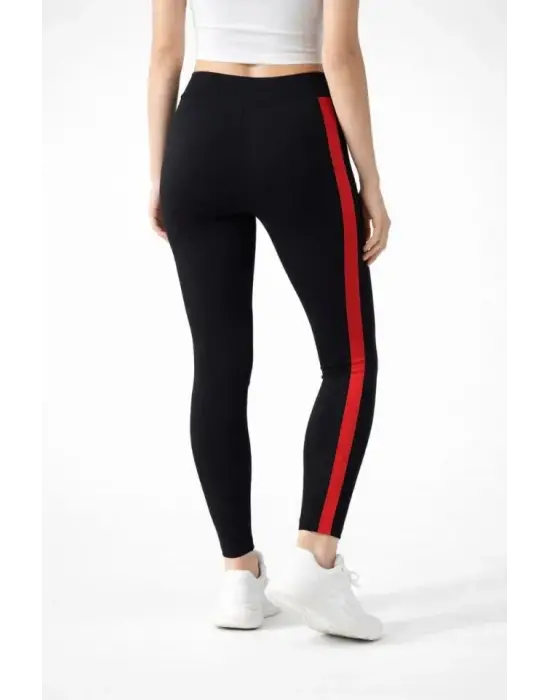 Likralı Yan Kırmızı Şeritli Detaylı Tayt - Siyah