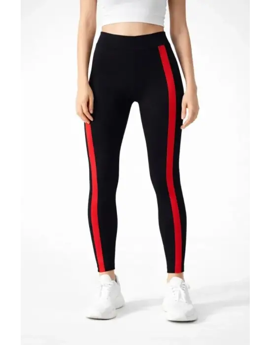 Likralı Yan Kırmızı Şeritli Detaylı Tayt - Siyah
