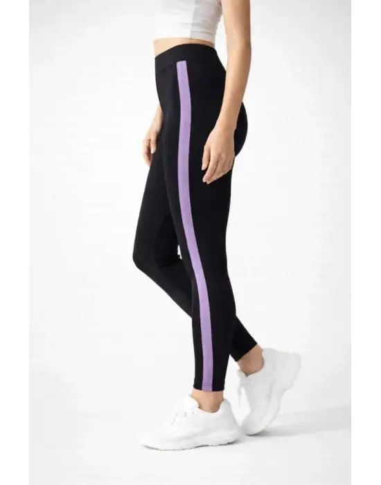 Stil Sahibi Lila Şerit Detaylı Tayt - Siyah