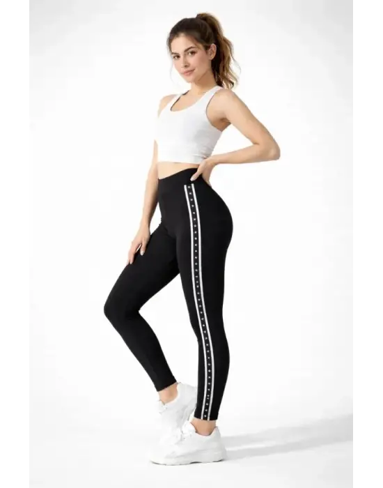 Likralı Yan Yıldız Şeritli Detaylı Tayt - Siyah