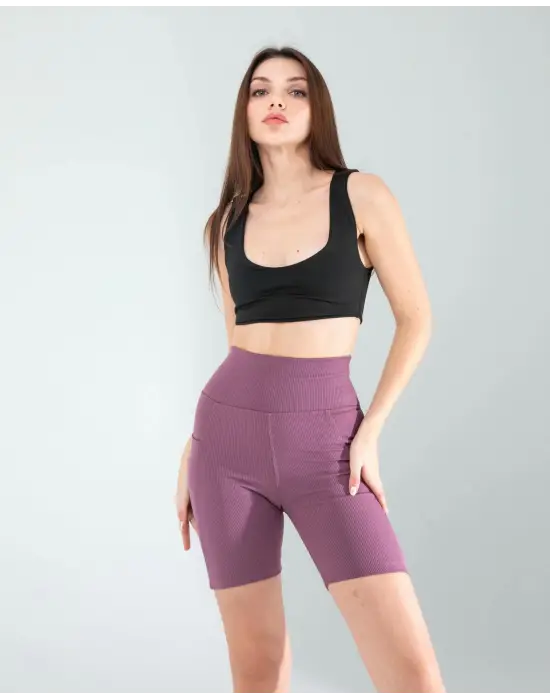 Omarı Lila Fitilli Push Up Biker Spor Tayt