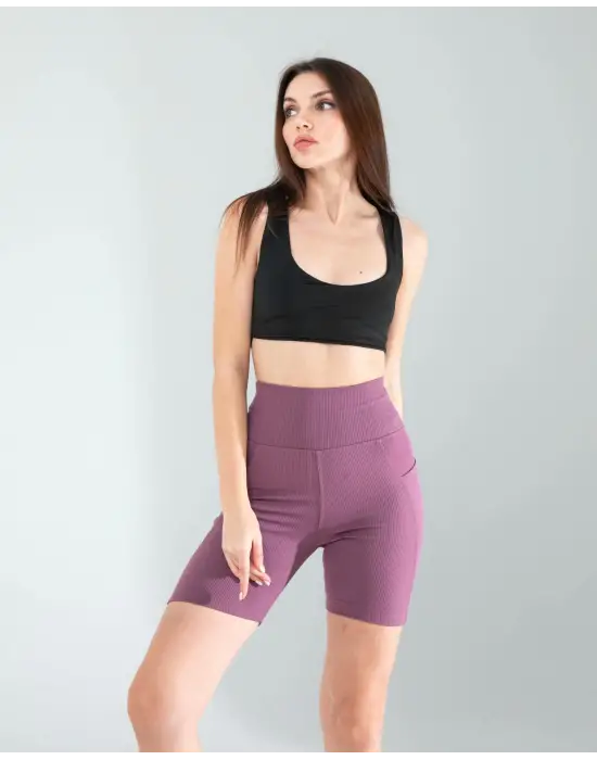 Omarı Lila Fitilli Push Up Biker Spor Tayt