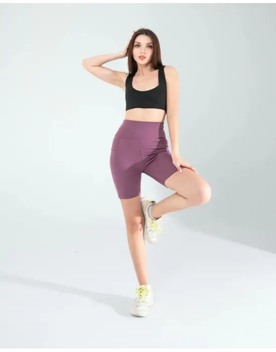 Omarı Lila Fitilli Push Up Biker Spor Tayt