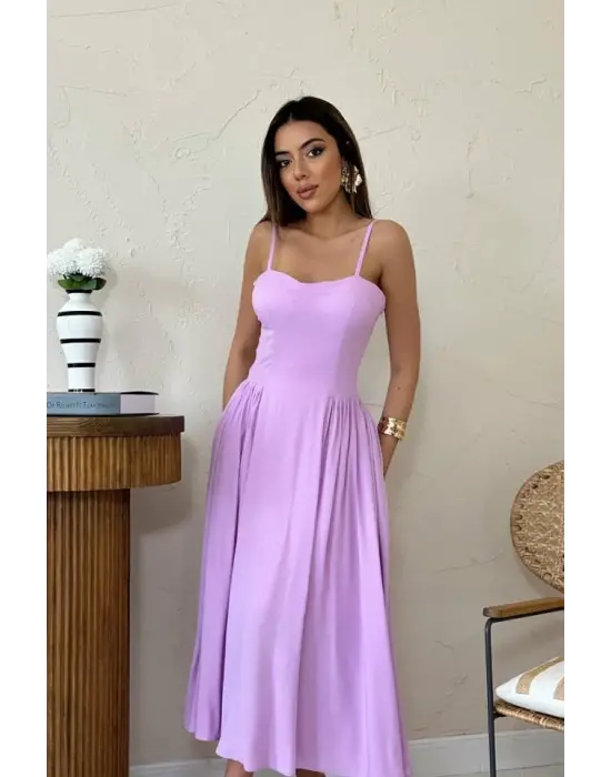 Omarı Uzun Lila Büzgülü Elbise