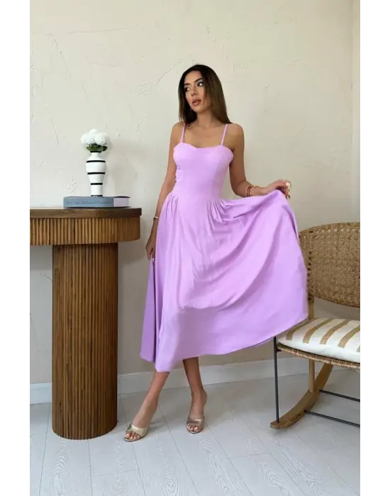 Omarı Uzun Lila Büzgülü Elbise