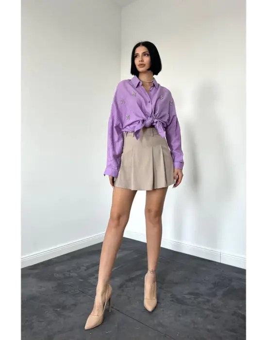 Omarı Işıltılı Lila Kristal Taşlı Gömlek