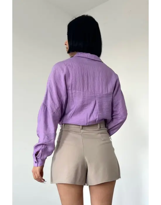 Omarı Işıltılı Lila Kristal Taşlı Gömlek