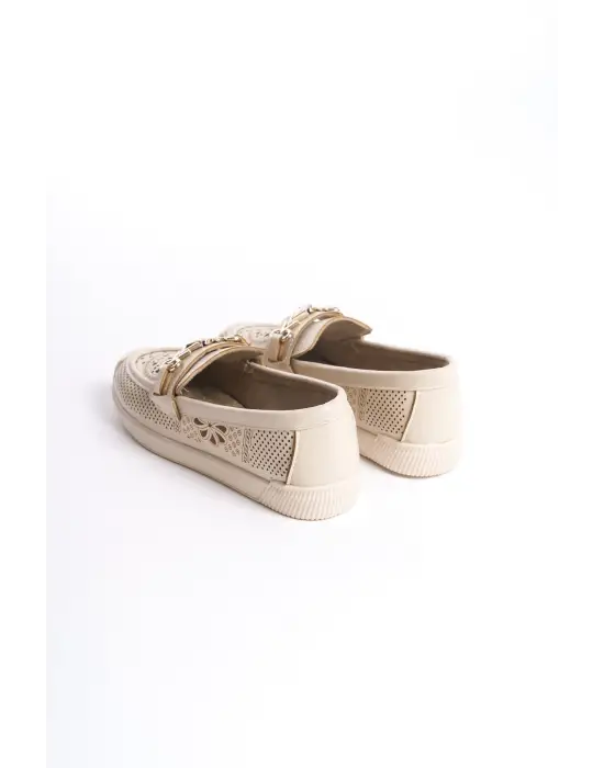 LILY Bağcıksız Rahat tabanlı ayakkabı Rahat Tabaan Çiçek Desenli Bayan Babet Ayakkabı CKısa Topuk - Krem