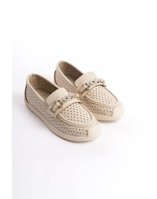 LILY Bağcıksız Rahat tabanlı ayakkabı Rahat Tabaan Kalp Desenli Bayan Babet Ayakkabı  CKısa Topuk - Krem