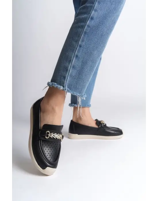 LILY Bağcıksız Rahat tabanlı ayakkabı Rahat Tabaan Kalp Desenli Bayan Babet Ayakkabı  CKısa Topuk - Siyah