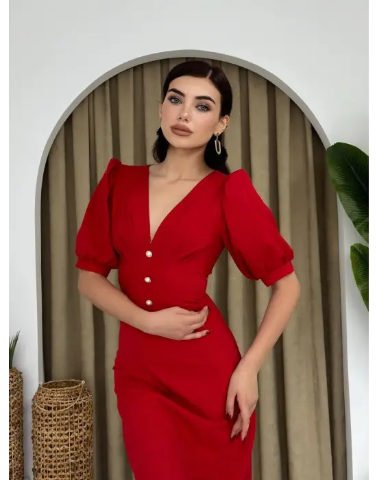 Omarı Siyah Dantelli Linda Midi Elbise