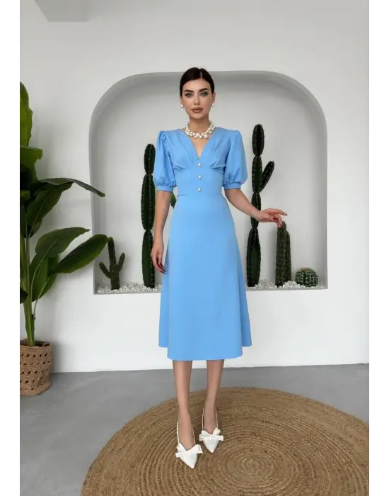 Omarı Kadife Dokulu Şık Midi Elbise