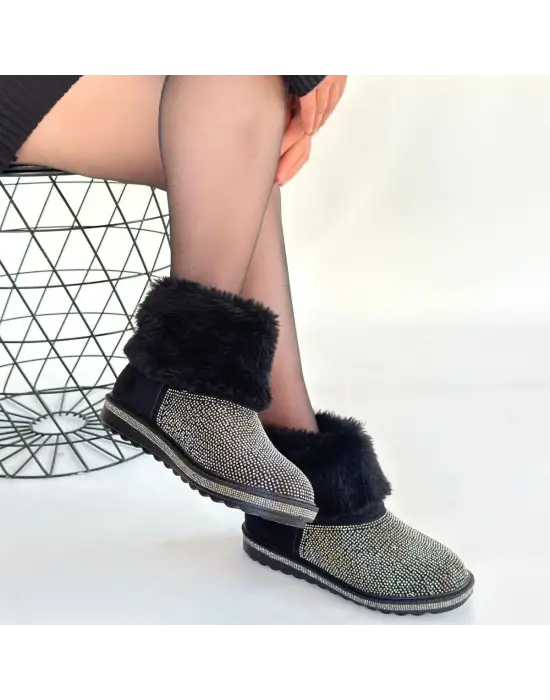 Linka Siyah Süet Gümüş Boncuk İşlemeli Bot