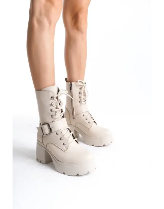 Linma Bej Cilt Bağcıklı Topuklu Bot