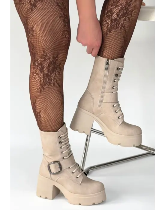 Linma Bej Nubuk Bağcıklı Topuklu Bot