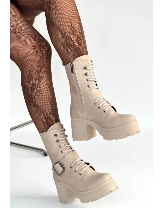 Linma Bej Nubuk Bağcıklı Topuklu Bot