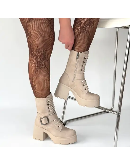 Linma Bej Nubuk Bağcıklı Topuklu Bot