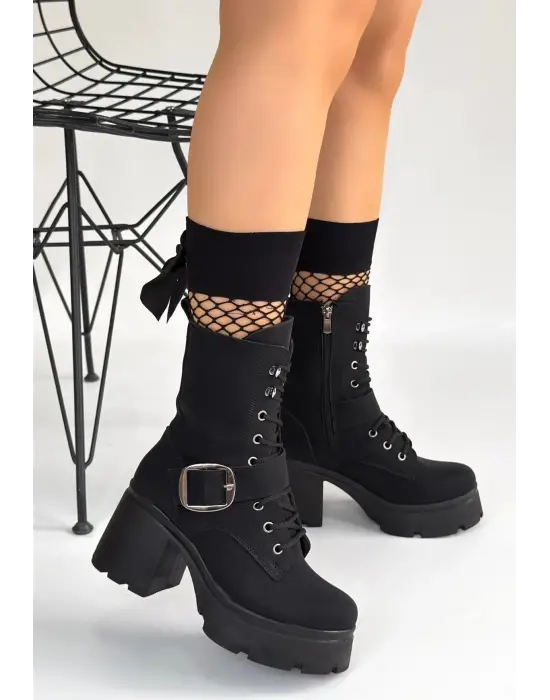 Linma Siyah Nubuk Bağcıklı Topuklu Bot