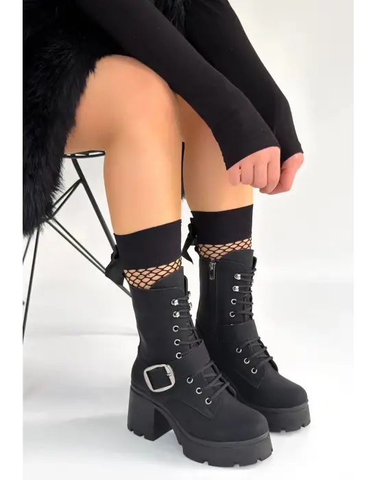 Linma Siyah Nubuk Bağcıklı Topuklu Bot