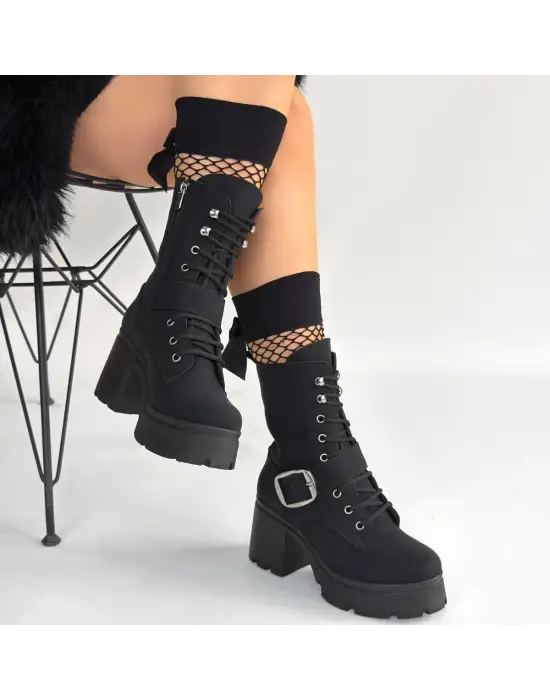 Linma Siyah Nubuk Bağcıklı Topuklu Bot