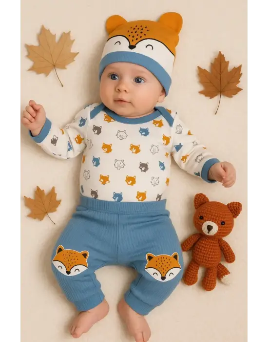 Little Fox Desenli 3lü % 100 Pamuklu Erkek Takım