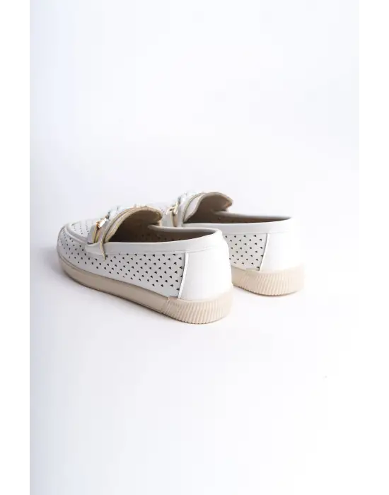 LIZY Bağcıksız Rahat tabanlı ayakkabı Rahat Tabaan Kalp Desenli Bayan Babet Ayakkabı  CKısa Topuk - Beyaz