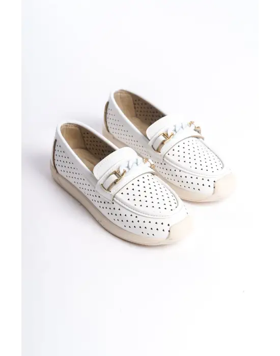 Şık Kalp Desenli Beyaz Bayan Babet Ayakkabı