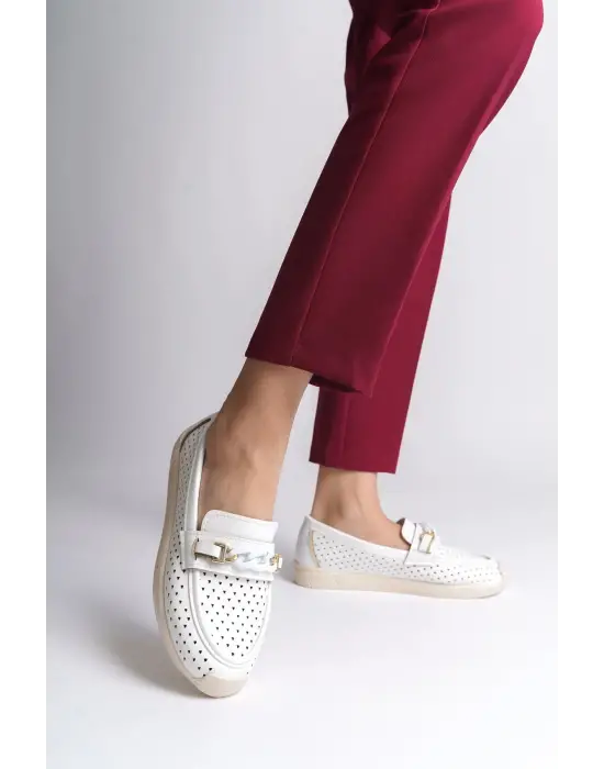 Şık Kalp Desenli Beyaz Bayan Babet Ayakkabı