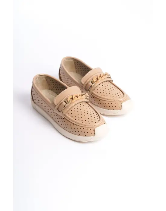 LIZY Bağcıksız Rahat tabanlı ayakkabı Rahat Tabaan Kalp Desenli Bayan Babet Ayakkabı  CKısa Topuk - Ten